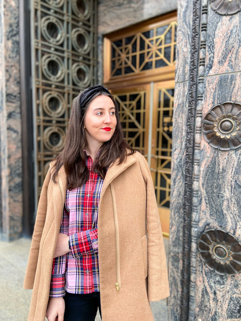 J. Crew pink tartan button down shirt, camel coat, black velvet headband, cap toe block heels