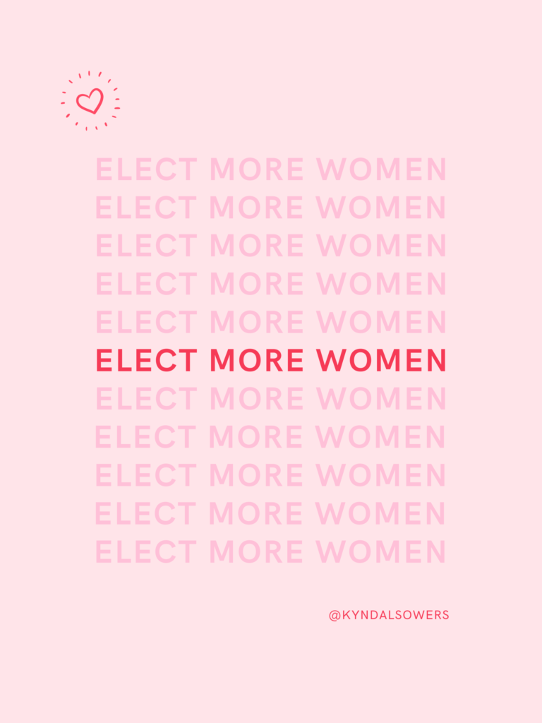 Image description: Elect More Women written several times in a row in pink and red fonts.