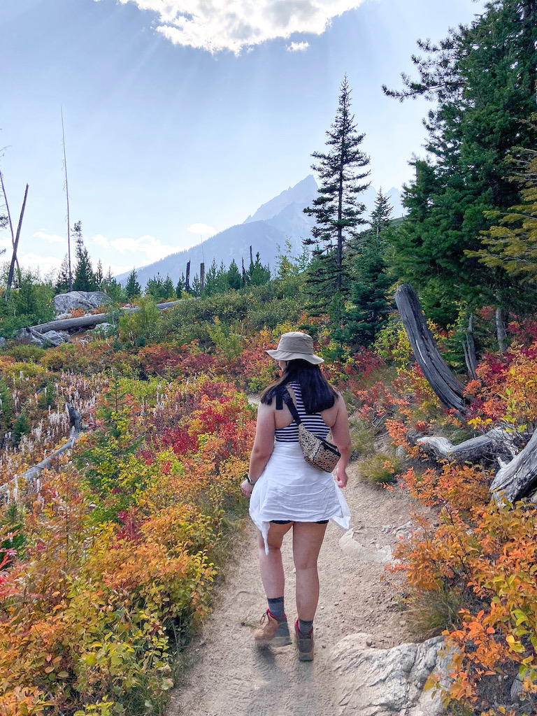 Grand Teton National Park & Jackson Hole Travel diary. Image description: a white woman hiking on a path in Grand Teton National Park. There are mountains in the background and lots of colorful brush along the path.