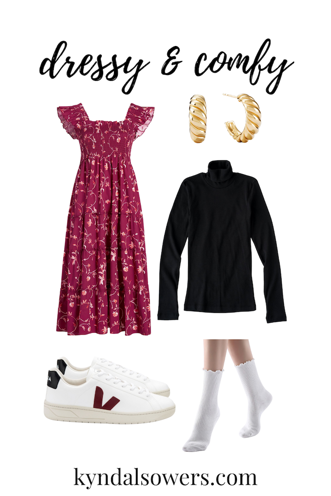 Image description: a product collage for a dressy and comfortable outfit. A burgundy botanical midi dress, black turtleneck, gold earrings, white sneakers, and white socks.