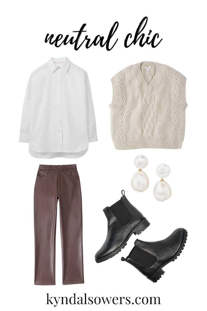 Image description: a product collage including a white button down shirt, brown faux leather pants, a cream sweater vest, pearl earrings, and black chelsea boots.