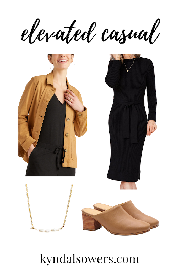 7 Thanksgiving outfit ideas. Image description: a product collage including a brown chore jacket, a pearl necklace, a black midi dress with a tie waist, and brown mule heels.