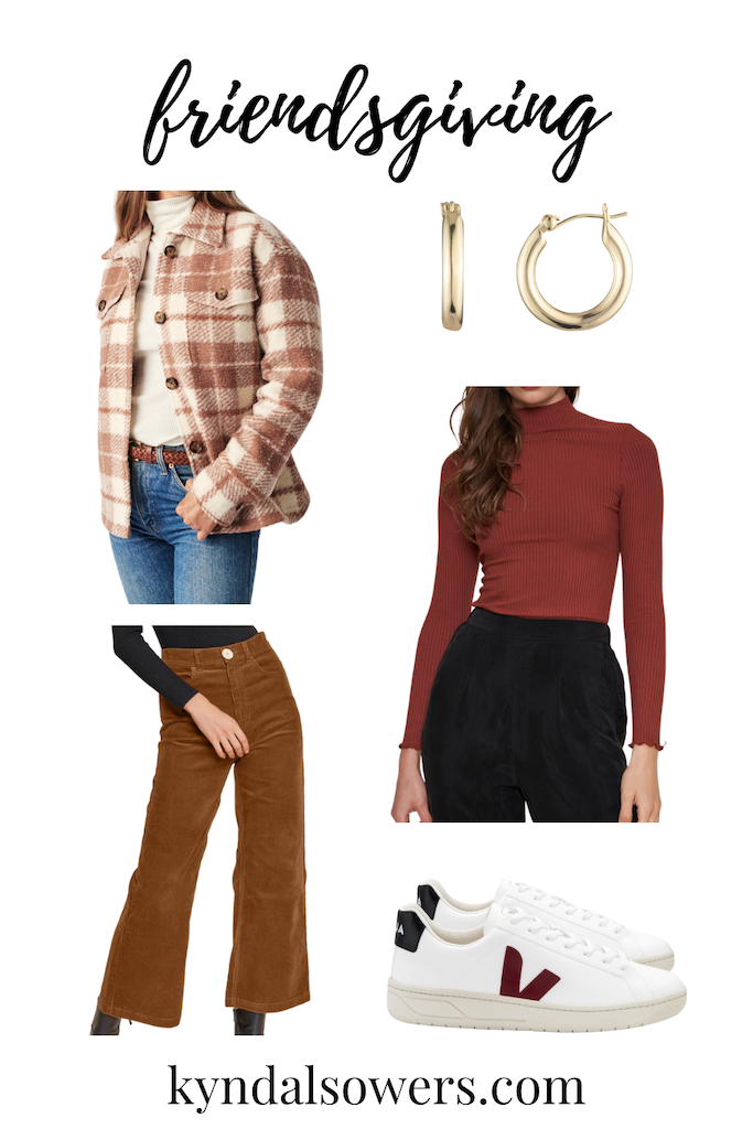 7 Thanksgiving Outfit Ideas. Image description: product collage including a plaid shirt jacket, brown corduroy pants, a turtleneck sweater, and white sneakers.