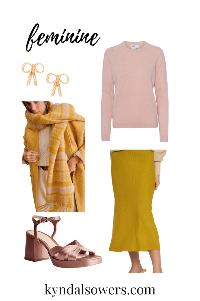 7 Thanksgiving outfit ideas. Image description: product collage for a feminine outfit including gold earrings, a pink and yellow plaid scarf, pink velvet heels, a pink sweater, and a yellow midi skirt.