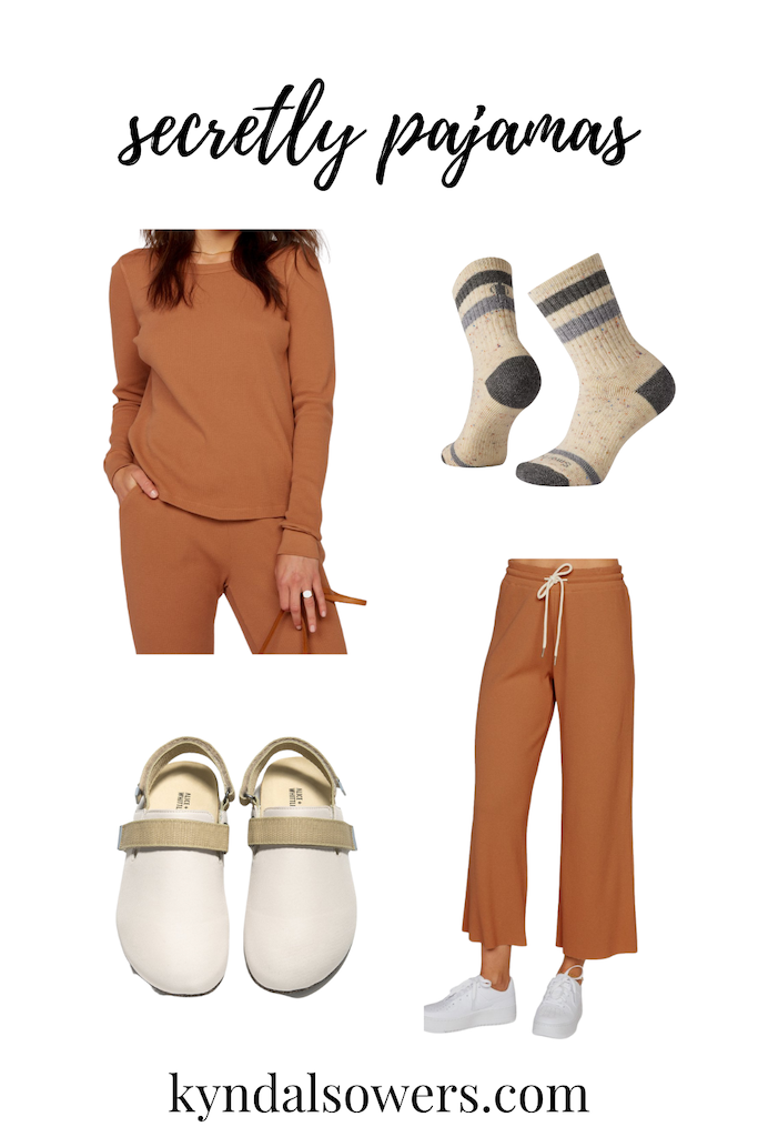 7 Thanksgiving outfit ideas. Image description: product collage featuring a brown thermal long sleeve shirt and pants, clogs, and wool socks.