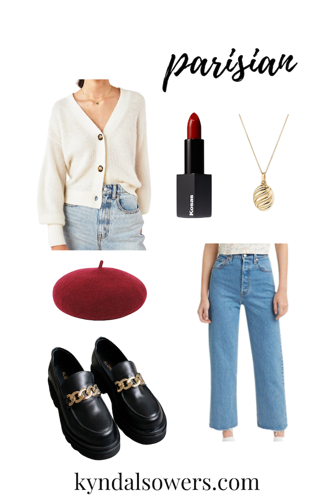 7 Thanksgiving outfit ideas. Image description: white button down cardigan, straight leg jeans, red lipstick, a beret, and loafers.
