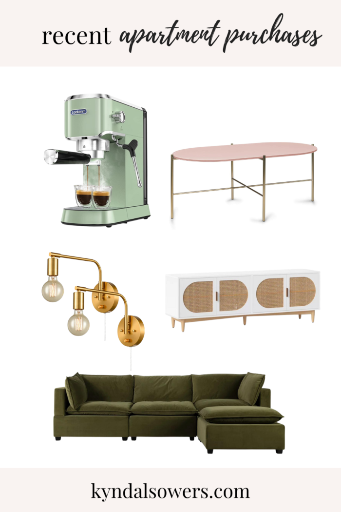 Image description of recent apartment purchases: a green espresso machine, a pink and gold coffee table, two gold wall sconces, a white and caned tv stand, and a green velvet sofa.