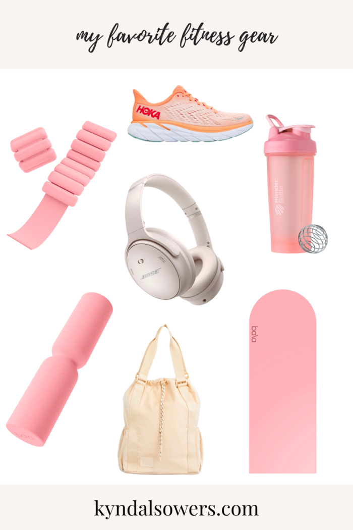 Image description: a collage of my favorite fitness gear in front of a white background. It shows the following products: pink bala weighted bangles, hoka clifton 8 running shoes, a pink shaker blender bottle, bose over ear headphones, a pink bala foam roller, the beige beis sport tote bag, and a pink bala yoga mat.